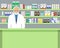 Web banner of a pharmacist. Old man in the workplace in a pharmacy
