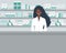 Web banner of a pharmacist. Young black woman in the workplace in a pharmacy