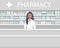Web banner of a pharmacist. Young woman is standing in front of shelves with medicines
