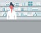 Web banner of a pharmacist. Young woman in the workplace in a pharmacy