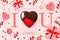 Web banner for Valentines Day Sale. Top view on composition with chocolate heart, gift box, confetti and streamers