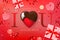 Web banner for Valentines Day Sale. Top view on composition with chocolate heart, gift box, confetti and streamers