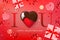 Web banner for Valentines Day. Top view on composition with chocolate heart, gift box, confetti and streamers, vector