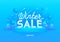Web banner for Winter sale on blue background. 3D depth and realistic festive objects