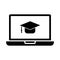Web E-Graduation. Laptop and graduation cap, online graduation symbol. Study from home. Isolated on a blank, editable and changeab