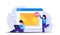 Web email service. People near the open browser tab with a notification of the new letter. Modern flat vector