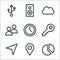 web essentials line icons. linear set. quality vector line set such as pie chart, location, cursor, key, time, users, cloud