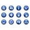 Web icons set, blue circle buttons, clean vector.