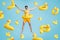 Web internet poster collage of summer shopping sale young guy funny flying swimming with duck buoy on blue water