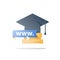 Web learning, online education, distant study, graduation hat and books stack, cursor arrow click