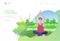 Web page design template with Man and woman meditate, sitting in yoga posture at home and at outdoor. Practice yoga