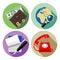 Web round icons with red phone, globe and lens, notepad and pen, wallet and money