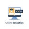 Web seminar, education webinar, online course, subject lecture, distant exam, computer monitor and person in graduation hat