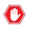 Web Stop sign, white hand in red octagonal, vector. Stop hand vector warning icon for no entry or don\\\'t touch sign.