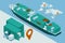 Web template banner Global logistics network. Isometric illustration of air cargo trucking rail transportation maritime