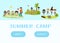 Web template of kids summer camp holidays and vacation. Green islands and blue sea Cartoon children characters play