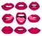 Web Woman`s lip gestures set. Girl mouths close up with red lipstick makeup expressing different emotions.