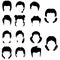 Web Women hairstyle wigs false and natural hair pieces front and back view black icons collection isolated vector illustration