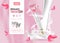 WebAds fashion cosmetic collection. Skincare with rose flower petals. pastel color style organic cosmetics background. White and