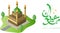 WebaHappy Eid Al Fitr Mubarak greeting card with isometric mosque and arabic Islamic calligraphy of text eid al fitr mubarak