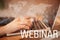 Webinar online education, seminar, conference, course, meeting, female hands typing