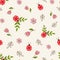 WebSeamless pattern with ladybugs and flowers on a white background in a flat style.