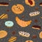 WebSeamless pattern with about sweet pastries, croissant, raisin roll, eclair, donut