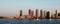 Website banner of New York cityscape, high skyscrapers on beach.