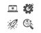 Website education, Startup rocket and Cogwheel icons. Search flight sign. Vector