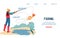 Website template for fishing leisure activity with fisher female cartoon character, flat vector illustration.