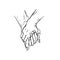 WebSketch of two humans holding hands close up. Hand in hand. Outline graphic elements. Monochrome concept for Valentine`s Day.