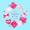 WebValentine`s Day Greeting Card with realistic gifts, cups of coffee, cookies, garlands, heart-shaped candies. On abstract blue