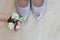 Wedding accessories, bouquet, shoes and ring bridal, wedding details. Top view with copy space