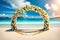 wedding arch decorated with fresh flowers on sandy tropical beach, marriage set up, engagement design, tropical wedding