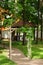 The wedding arch is decorated with green leaves in the open air. Beautiful wedding. Wedding ceremony on the green lawn in the gard