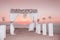 wedding arch with flower arrangement with white curtain on sunset, sunrise outdoor photo. decor. Wedding ceremony.