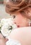 Wedding background. Beautiful profile of the bride with a bouquet. The concept of the beginning of family life, marriage. Lace we
