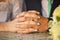 Wedding background, newlyweds hands with rings