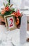 Wedding Banquet autumn style. The composition of red, orange, yellow, and green, standing on a white table in the area of wedding