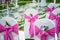 Wedding banquet chair cover in pink theme with the cone of rose and petals