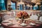 Wedding Banquet Table Decorated with Flowers and Tablecloth.