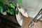 Wedding beige women shoes on wooden floor. Vintage toning image.