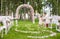 Wedding benches with guests and flower arch for