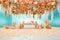 Wedding or birthday hall in boho decor with pampas and floral arrangements. White room surrounded by pastel cyan pampas