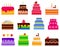 Wedding or Birthday vector pie cakes icons set. Cake sweets dessert bakery in flat style. Delicious isolated on white