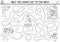Wedding black and white maze for kids with bride, groom, cake. Marriage ceremony preschool printable activity, coloring page.