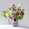 The Wedding bouquet of anemones and tulips with Ruscus in a jug on a black background