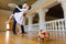 Wedding bouquet on background of dancing newlyweds