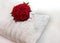 A wedding bouquet of red roses lies on a white pillow