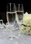 Wedding breakfast dining table setting with champagne glasses.